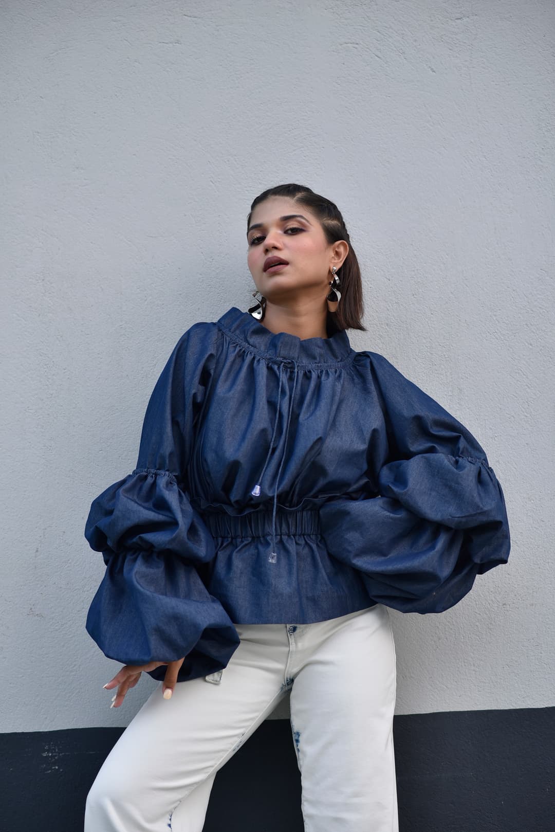 Denim balloon sleeve top