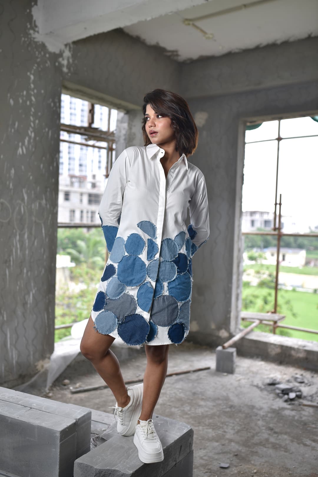 Circular denim disc shirt dress