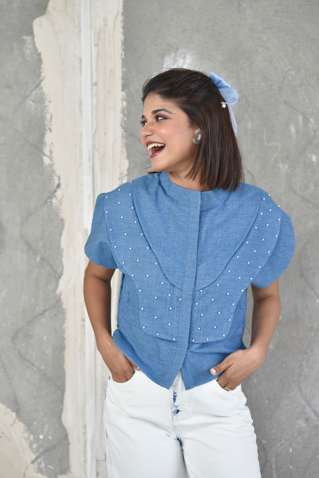 Denim pearl top