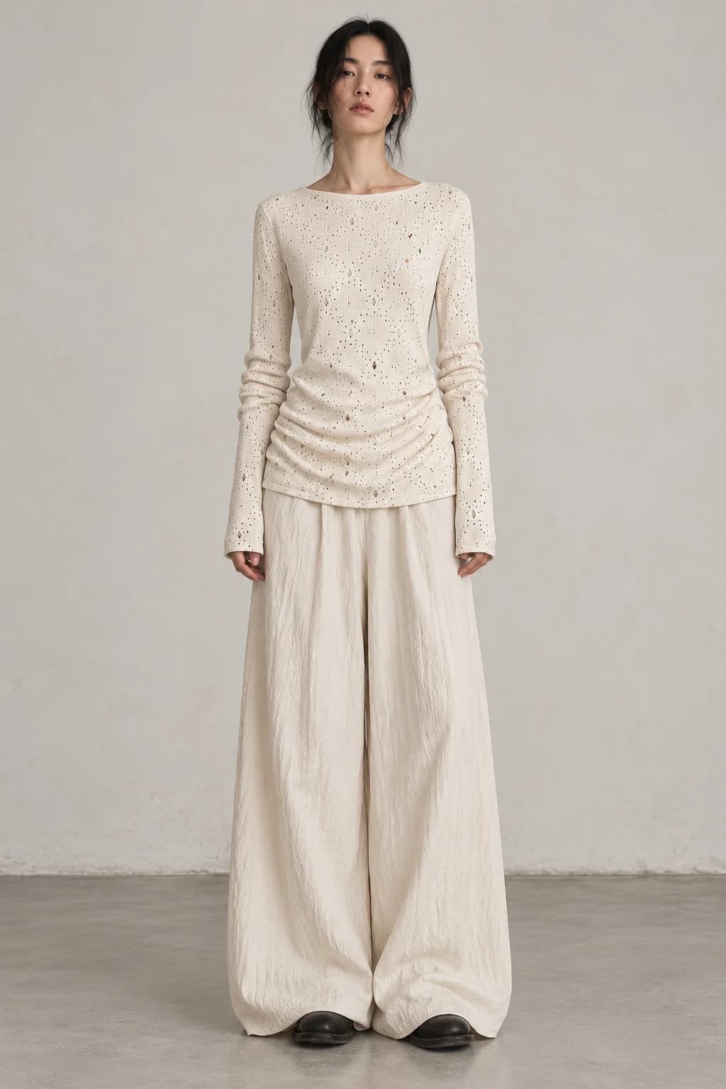 Perforated Knit Top & Wide-Leg Trouser Set