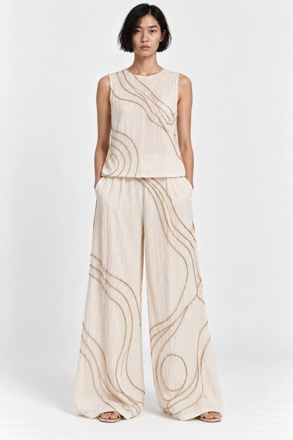 Metallic Cord Embroidered Knit Top & Trouser Set